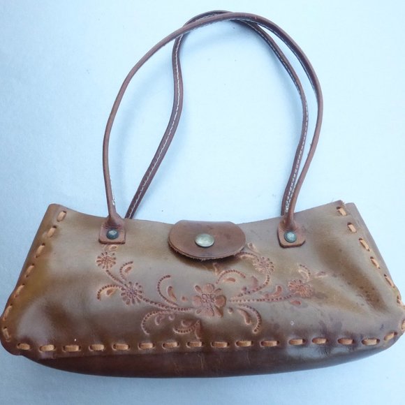 Tooled Floral Authentic Brown Leather Shoulder Bag - Picture 1 of 16